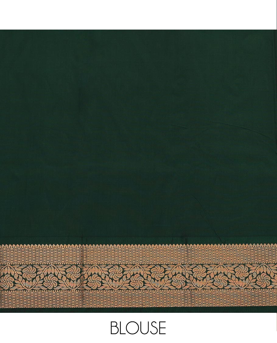 Pink Art Silk Pavadai Material Set Featuring Dotted Stripes and Floral Buttas on Its Skirt, Complemented by a Contrast Traditional Zari Design Border, and Paired with a Contrast Blouse