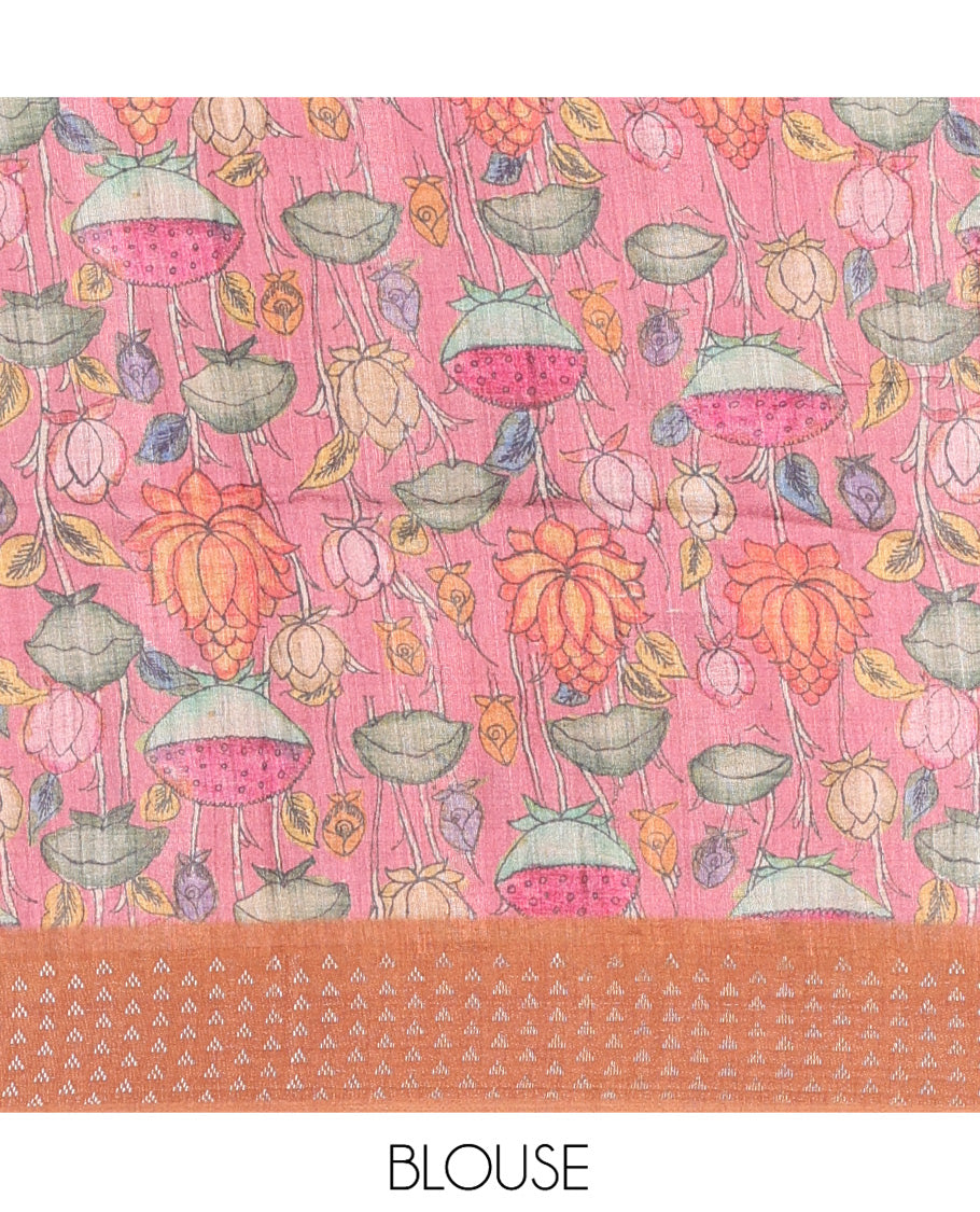 Green Plain Fancy Tussar Saree, Complemented by a Contrast Triangle Motif Border, Kalamkari Flora-Fauna Printed Pallu, and a Contrast Blouse