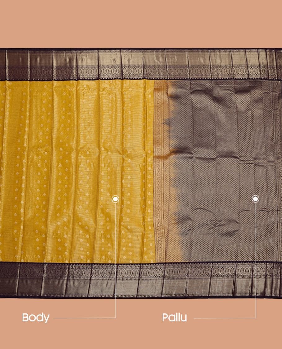 Yellow Budget Silk Saree, Woven with Zari Buttas and Checks All Over Its Body, Complemented by a Contrast Traditional Zari Design Border, Grand Pallu, and Paired with a Contrast Blouse