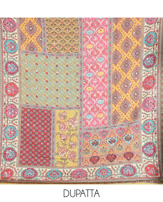 Liril Green Material Chudidar Set Adorned with Schiffli Embroidery Georgette Top, Subtly Made Plain American Crepe Bottom, and Chinon Dupatta Featuring Kaleidoscopic-Colored Floral, Geometric, and Mughal Motifs Print and Mirror Work