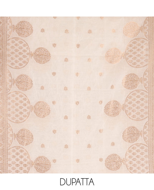 Kerala Cream Banarasi-Silk Material Churidar, Elevated with Zari Buttas Top, a Plain Bottom, and Intrircate Dhavani