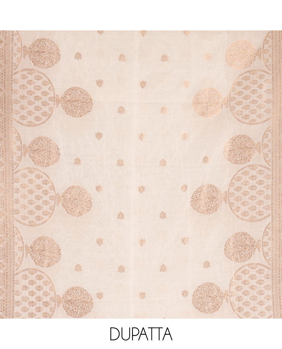 Kerala Cream Banarasi-Silk Material Churidar, Elevated with Zari Buttas Top, a Plain Bottom, and Intrircate Dhavani