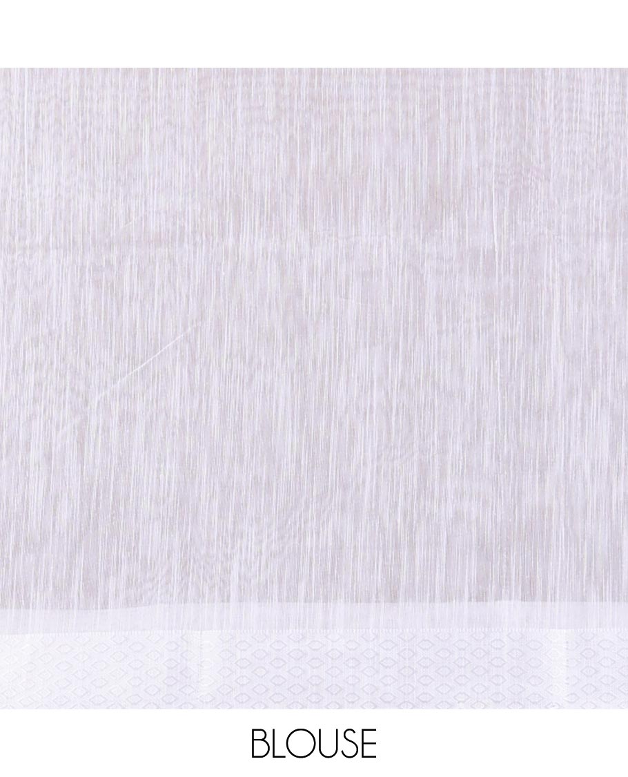 white all over leaf printed mixed cotton saree with printed pallu & plain blouse