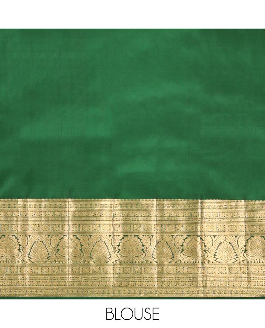 Green Kanchipuram Wedding Silk Saree, Elevated with Jacquard Designs on Its Body, Highlighted by a Traditional Zari Border of Kuthirai, Chakram, and Mayil Designs, Pallu of Greek Key Designs, and Paired with a Matching Blouse