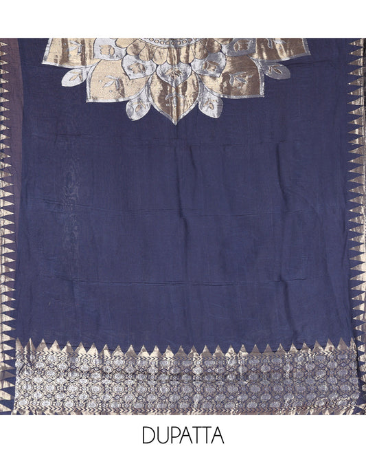 Blue Semi-Silk Material Churidar Features Zari Buttas Skirt, a Plain Bottom, and a Floral Motif Zari Woven Dupatta