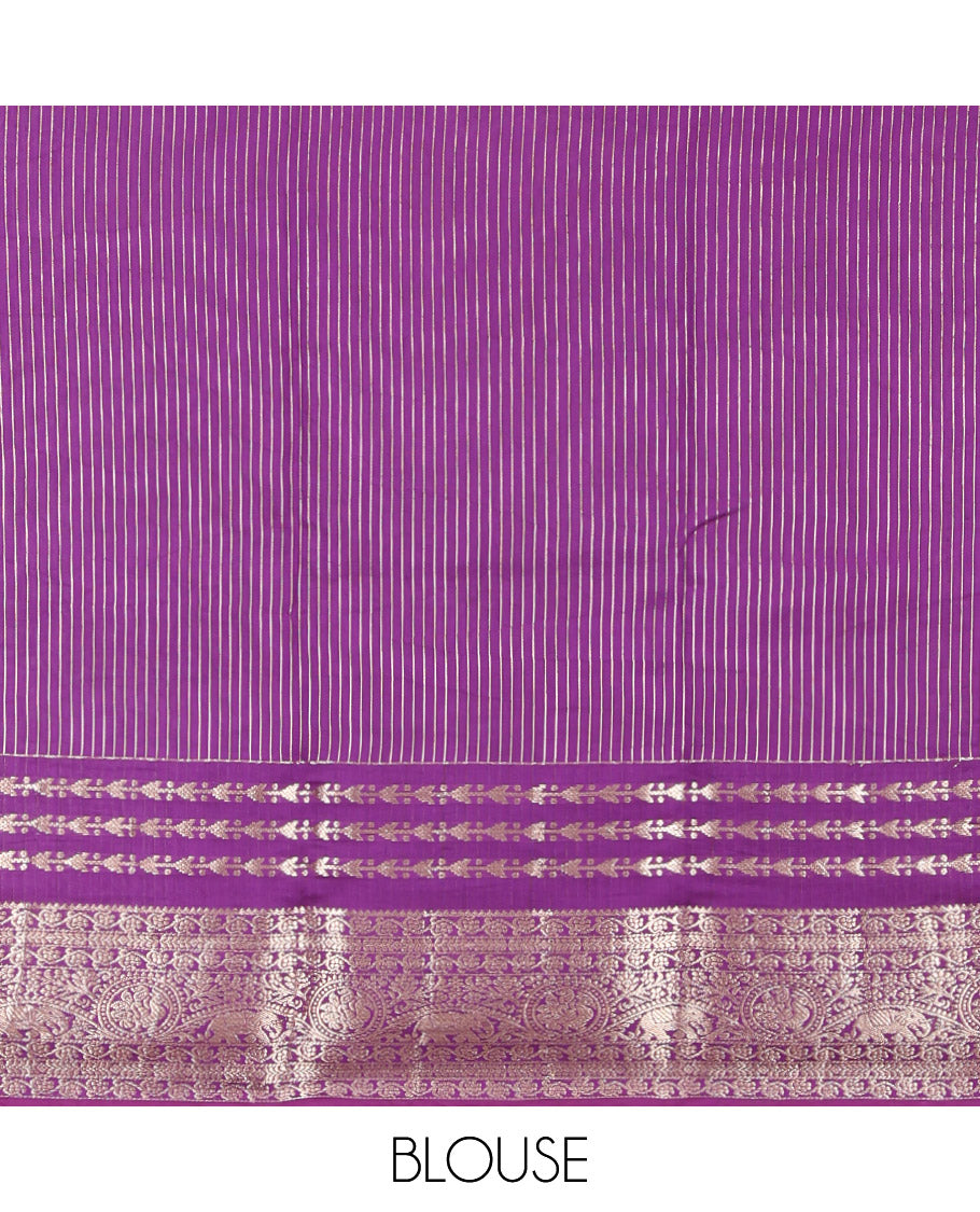 Blue Assam Silk Saree, Accentuated with Zari Stripes, Complemented by Contrast Traditional Zari Border,  Zari Woven Pallu, and Contrast Blouse