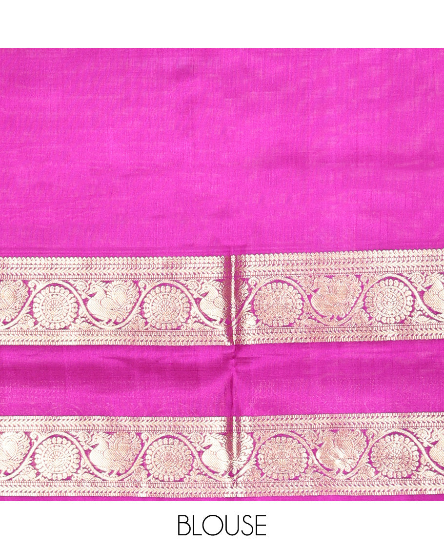 Pink Zari Buttas-Checks Venkatagiri Silk Saree, Contrast Traditional Border, Peacock Pallu, Contrast Blouse