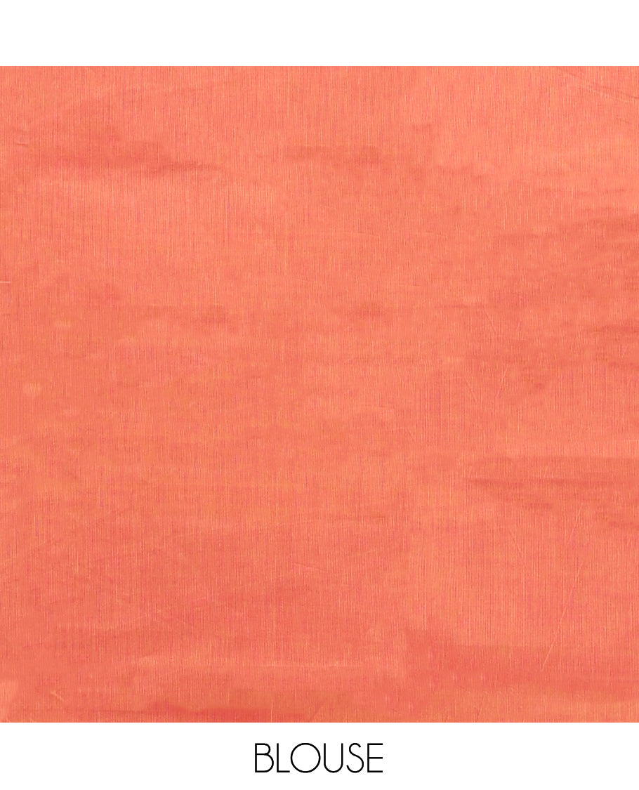 Pink-Orange Plain Chettinad Cotton Saree, Complemented by a Contrast Traditional Zari Border of Peacock Designs, Striped Pallu, and Paired with a Matching Blouse