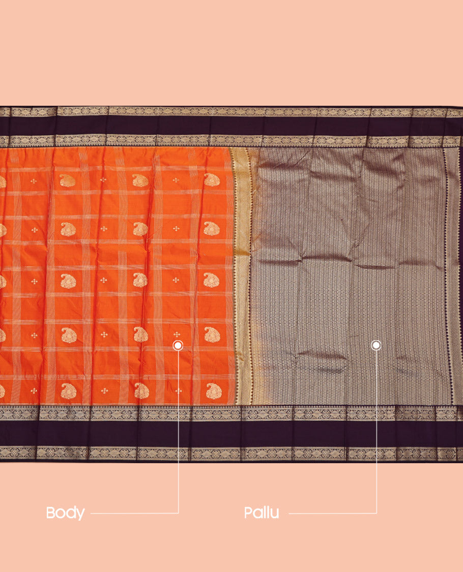 Orange Budget Silk Saree, Elevated with Zari Buttas and Checks, Complemented by a Contrast Traditional Rettai Pettu Border, Grand Pallu, and a Contrast Blouse