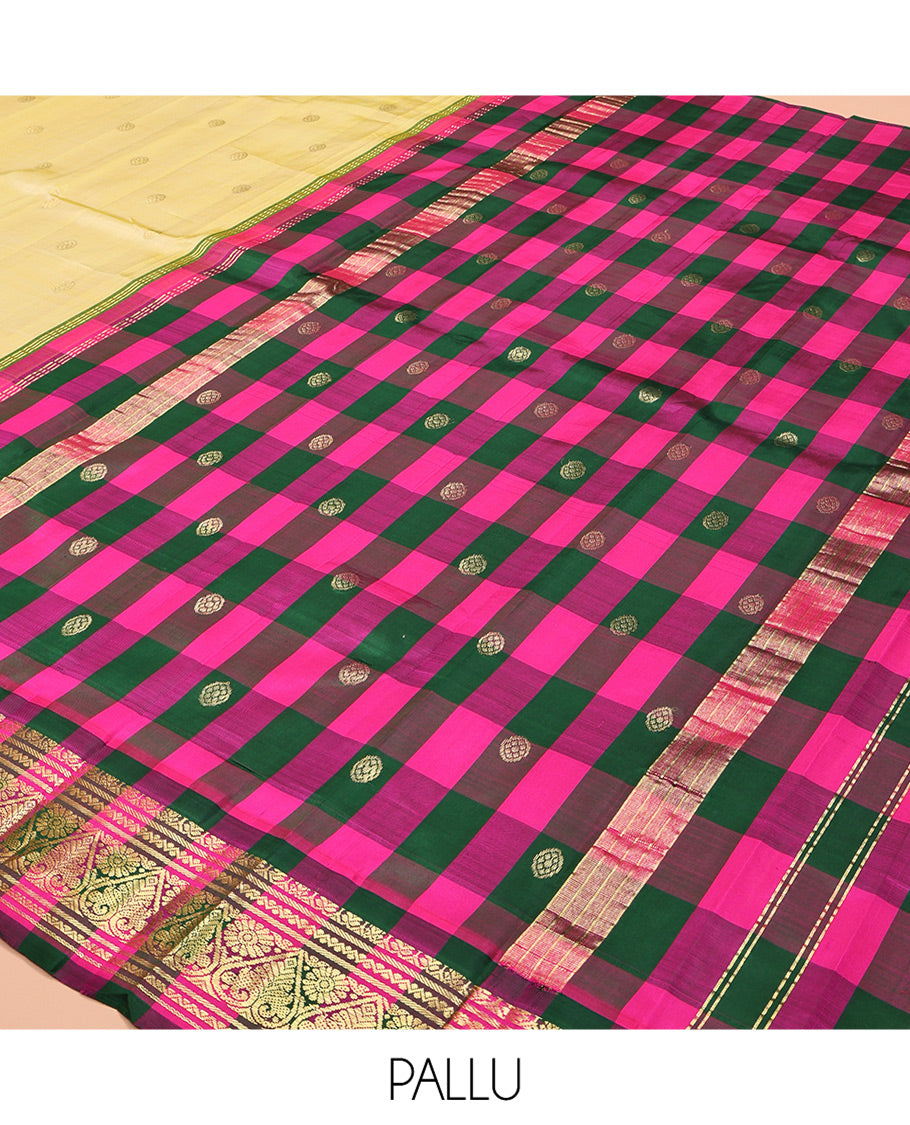 Yellow Kanchipuram Silk Saree, Subtly Sparkled with Zari Buttas, a Contrast One-Sided Korvai Checked Border of Neli, Banaras, and Jada Nagam Designs, Zari Design Pallu, and No Blouse