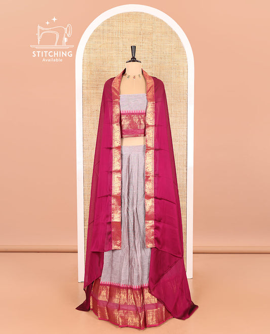 Steel Grey-Rani Pink Chettinad Cotton Half-Saree Featuring a Plain Skirt, Highlighted with a Contrast Peacock-Elephant Motifs Woven Rettai Pettu Zari Border, a Subtly Woven Matching Blouse, and a Vichitra Silk Contrast Traditional Zari-Bordered Dhavani