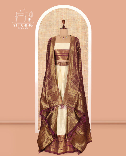 Cream-Dark Purple Semi-Silk Half-Saree