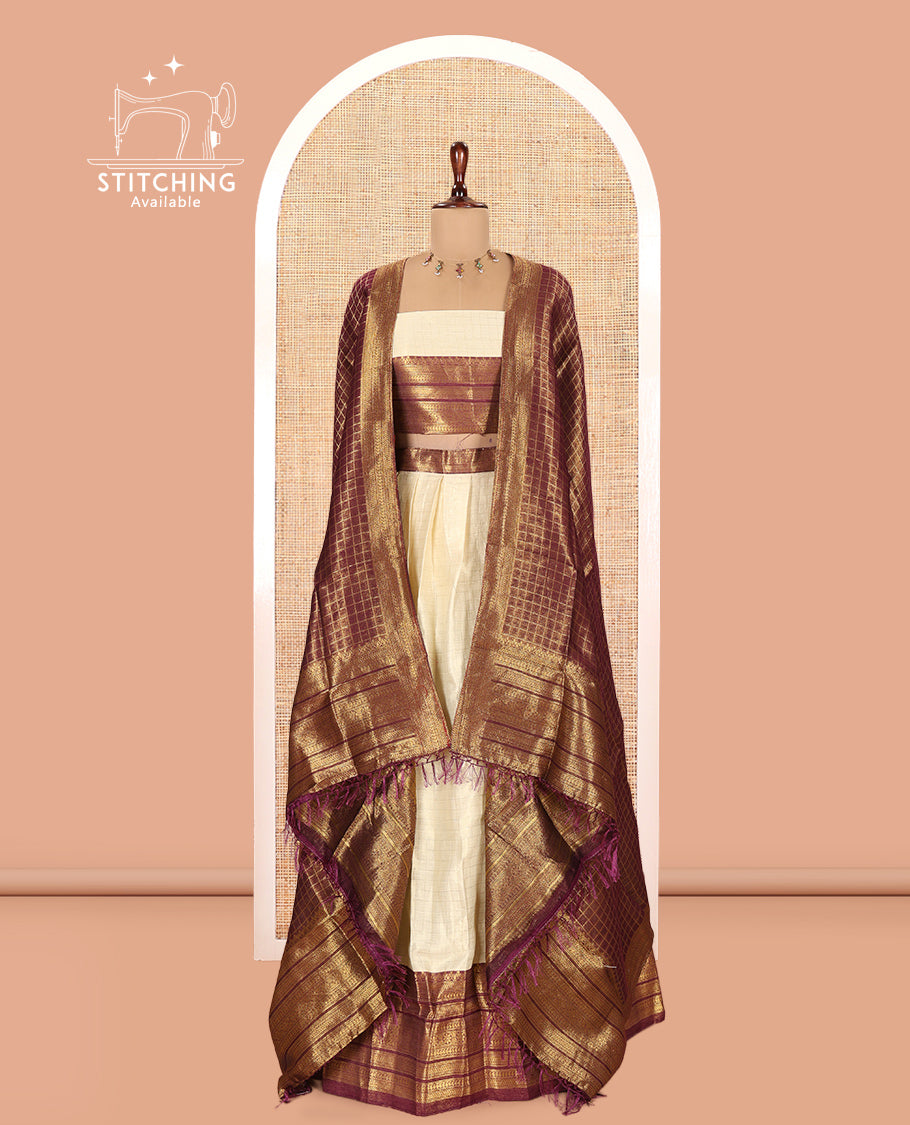 Cream-Dark Purple Semi-Silk Half-Saree