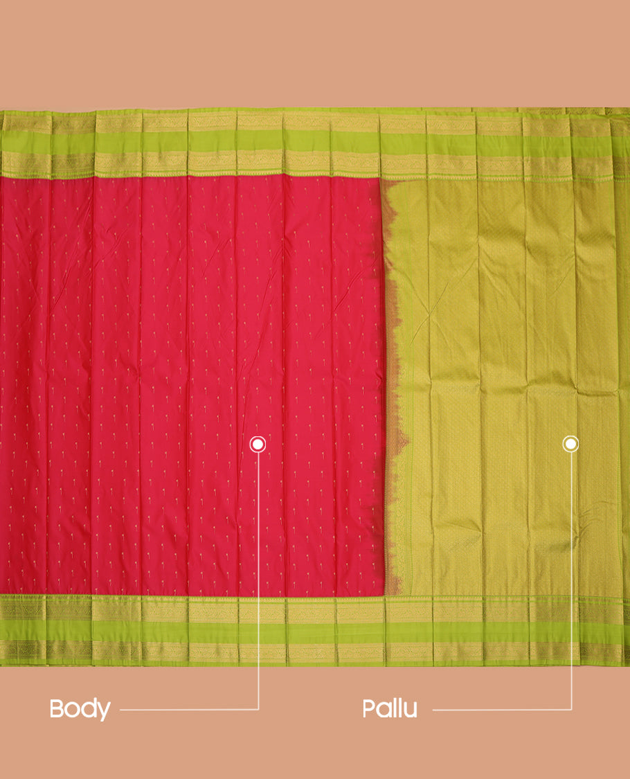 Red Budget Silk Saree, Elevated with Zari Buttas, a Contrast Traditional Zari Rettai Pettu Border, Grand Jaal Pallu, and a Contrast Blouse