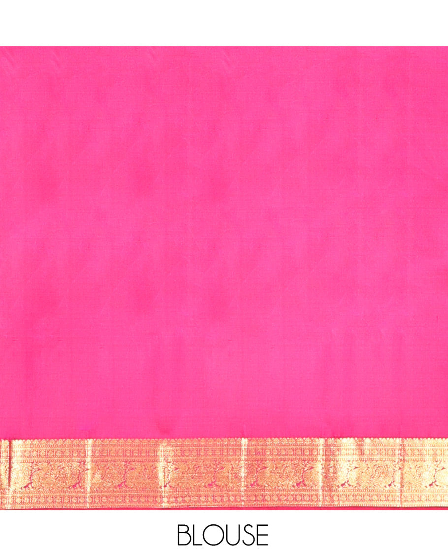 Pink Embossed-Manga Buttas Kanchipuram Silk Saree, a Mayil Border, Ara Maadam Pallu, Matching Blouse