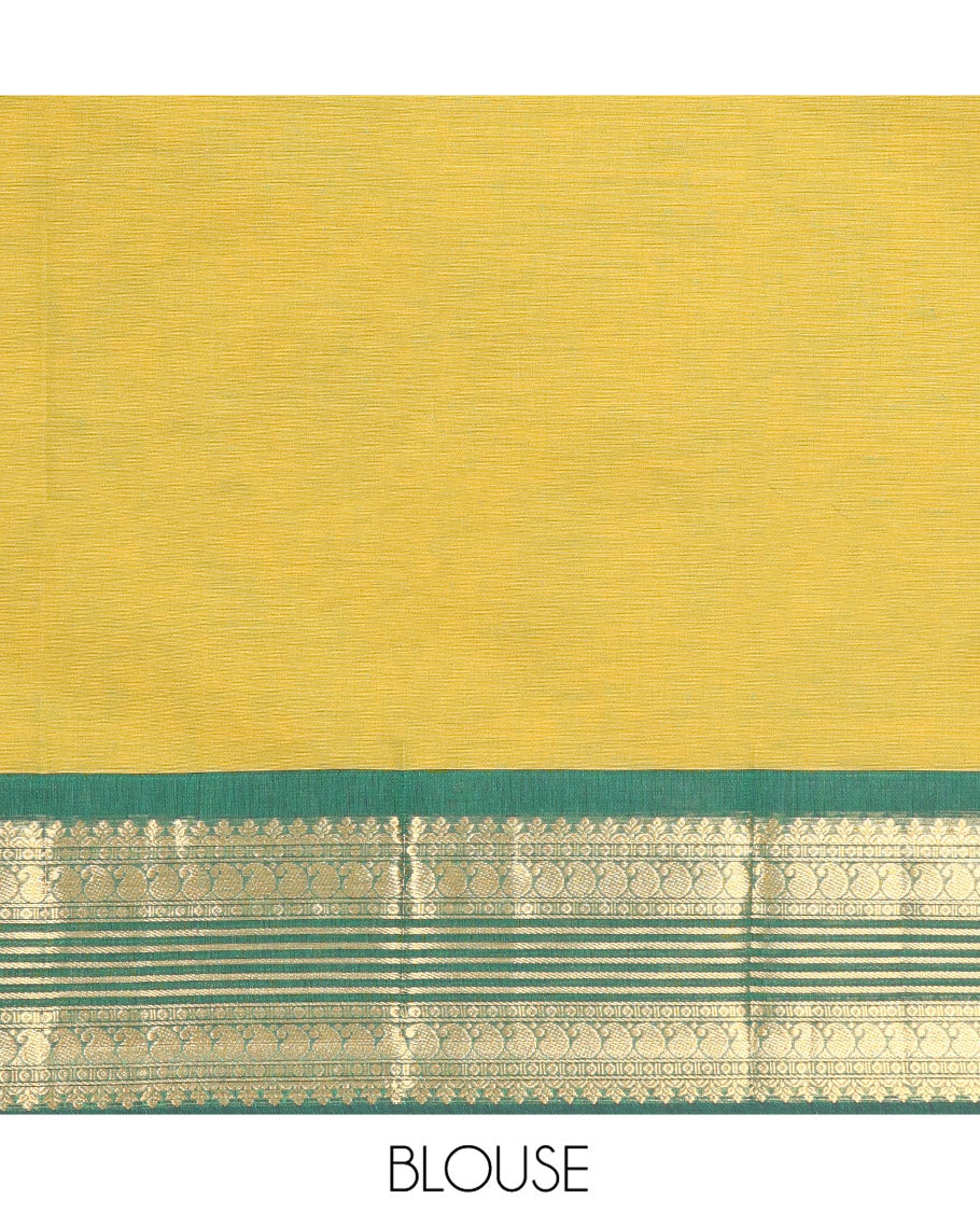 Green Plain Chettinad Cotton Saree, Complemented by Contrast Traditional Zari Design Border, Pallu of Stripes, and Paired with a Matching Blouse