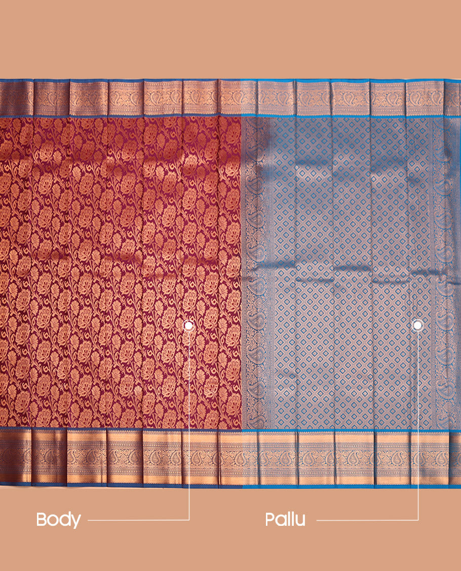 Wine Budget Silk Saree, Embellished with Jacquard, Complemented by a Contrast Traditional Zari Border, Grand Pallu, and a Contrast Blouse