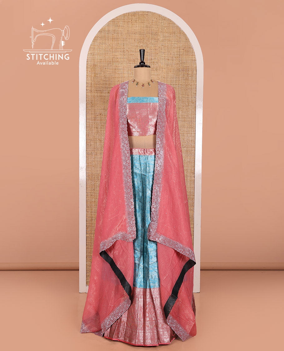 Blue Banarasi Half-Saree Featuring Jacquard Design Skirt, Complemented by Contrast-Rich Zari-Woven Intricate Border, Paired with a Matching Blouse, Contrast Velvet Organza Stone Work Dhavani, and Brocade Belt