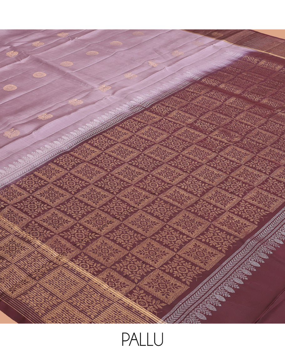 Lavender Mayuri Lite Silk Mix Saree, Accentuated with Mayil-Chakram Buttas, a Contrast Mayil Butta Striped Border, a Floral Pallu, and a Contrast Blouse