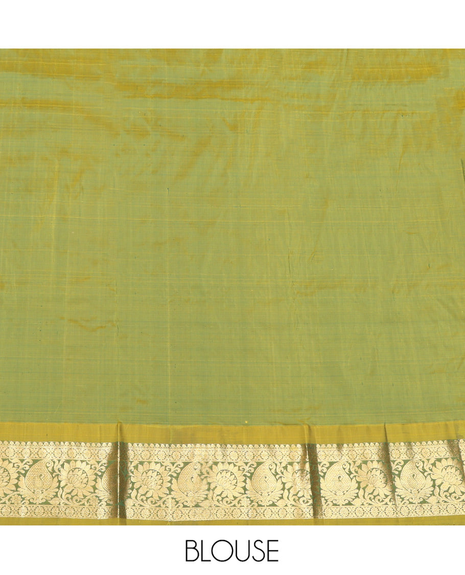 Green Pure Silk Half-Saree, Accentuated with Zari Buttas on Its Body, Complemented by a Contrast Floral and Paisley Design Border, Complemented by a Contrast Blouse, and Paired with a Contrast Dhavani of Jaal Designs
