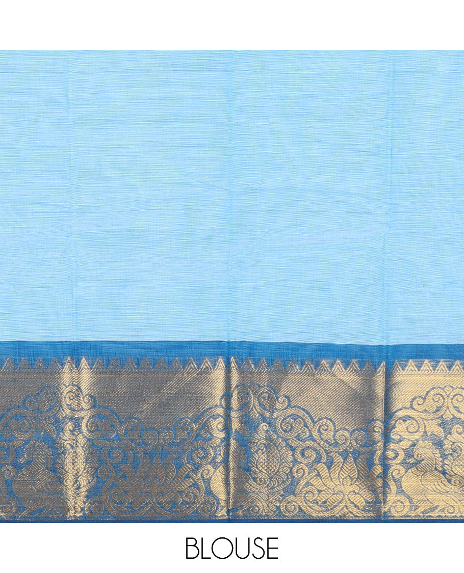 Blue Chettinad Cotton Saree, Subtly Sparkled with Buttas All Over Its Body, Complemented by a Contrast Peacock Zari Design Border, Pallu of Stripes and Buttas, and Paired with a Matching Blouse