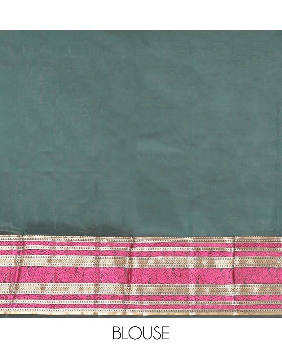 Green Zari Buttas Vasundhara Lite Silk Mix Saree, Contrast Temple Traditional Border, Chakra Pallu, a Contrast Blouse