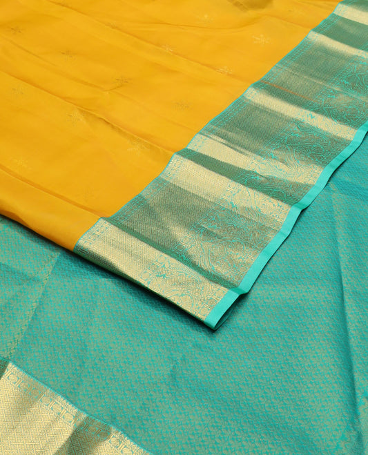 Yellow zari buttas vasundhara silkmix saree,contrast intricate pallu & border of poun,banaras,paayadi kann,mayil & yaali