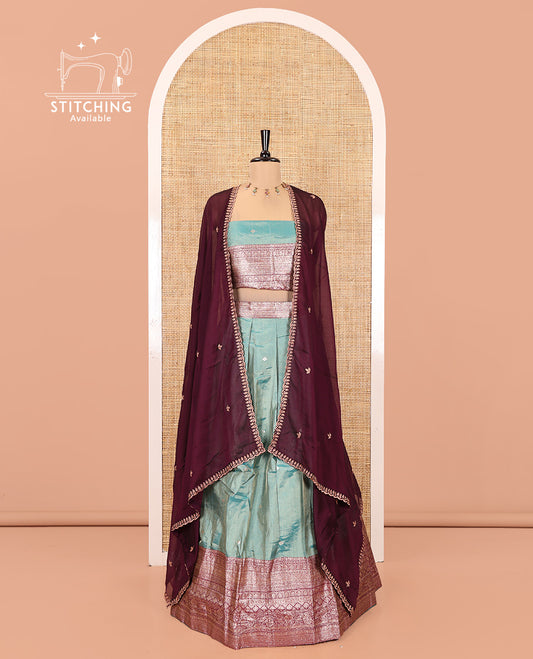 Firozi Green-Magenta Banarasi Silk Half-Saree Featuring Buttas Skirt, Contrast Traditional Border, Matching Blouse, Syska Georgette Embroidery Dhavani