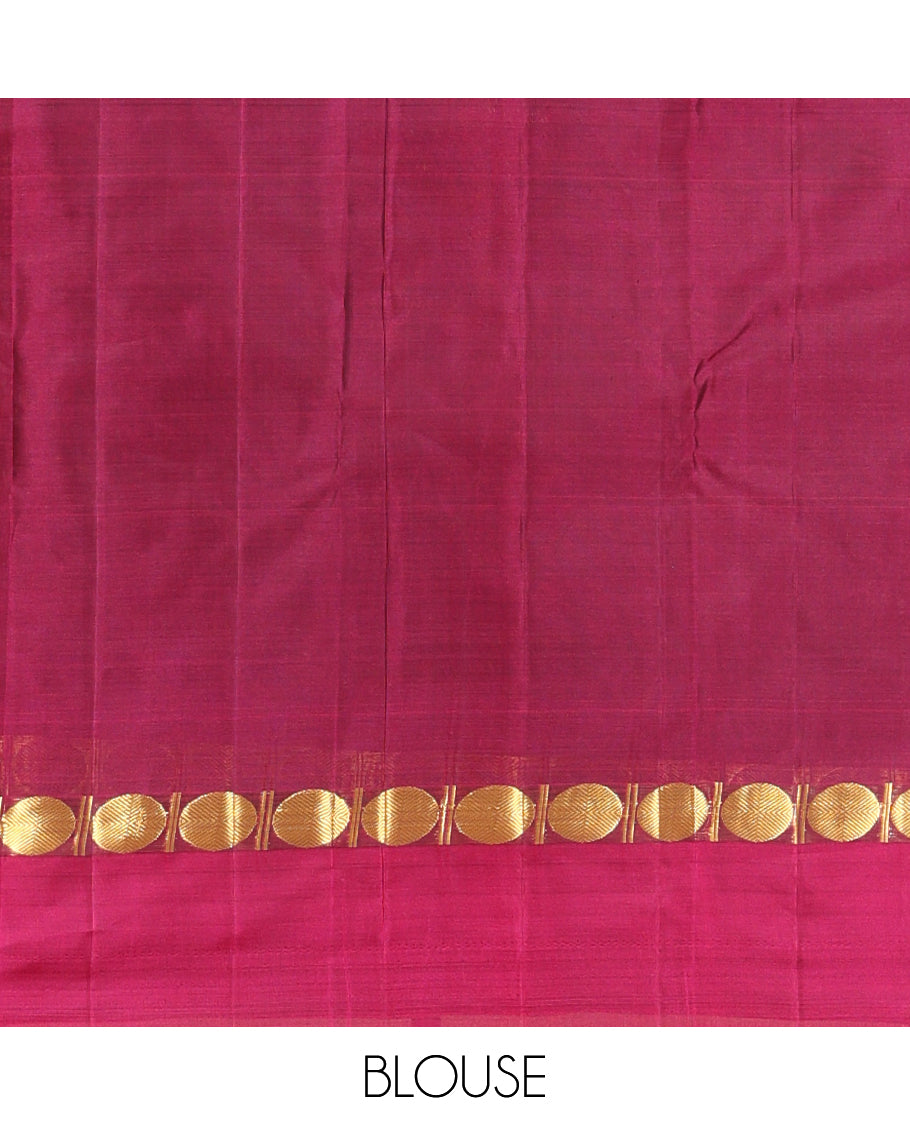 Grey Striped Kanchipuram Silk Saree, Complemented by a Contrast Kal Eragina Border of Rudraskham Design, Pallu of Zari Design, and a Contrast Blouse