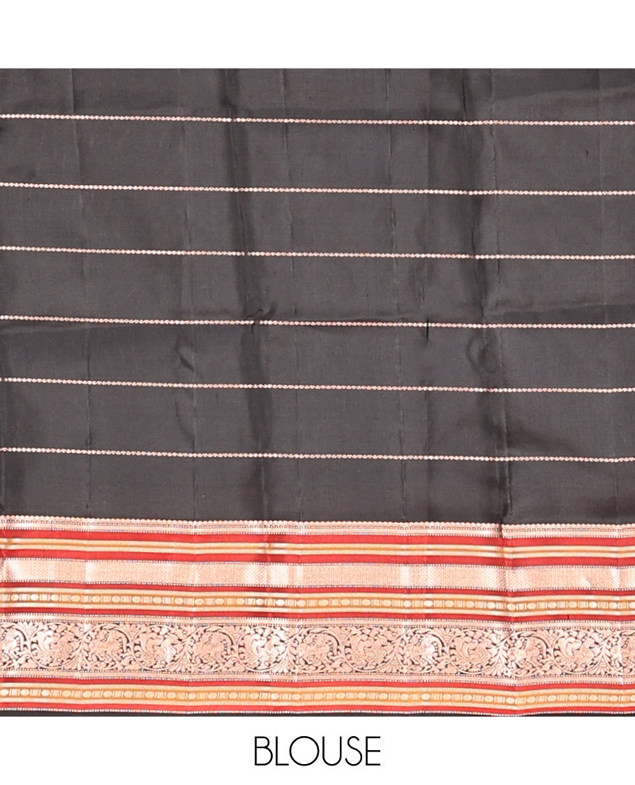 Majenta Striped-Mayil Buttas Vasundhara Silksaree, Contrast Border of Mayil Kann, Mayil, and Yaali, Jaal Pallu, and a Contrast Blouse