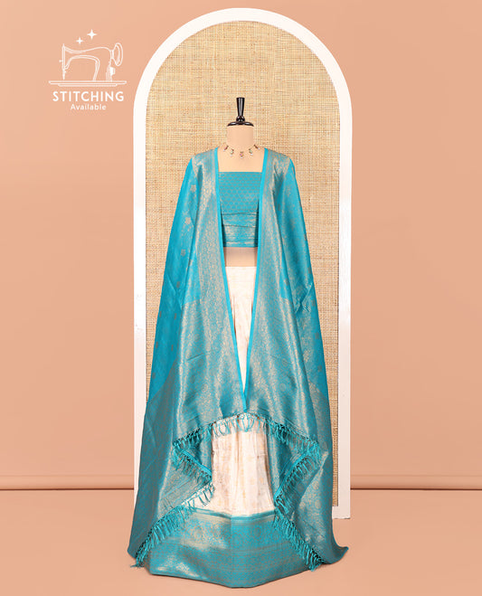 Cream-Anantha Blue Banarasi Softy Half-Saree Features Jacquard, Contrast Traditional Border, Jacquard Blouse, Intricate Dhavani