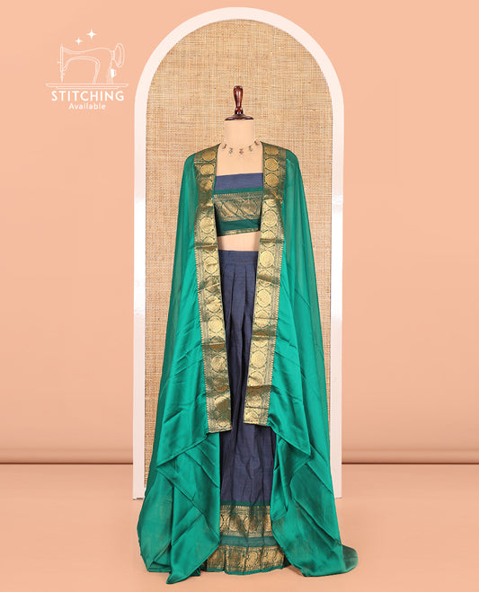 Steel Blue-Green Chettinad Cotton Half-Saree, Plain Contrast Annam-Chakram Zari Bordered Skirt, Matching Blouse, and a Contrast Dhavani