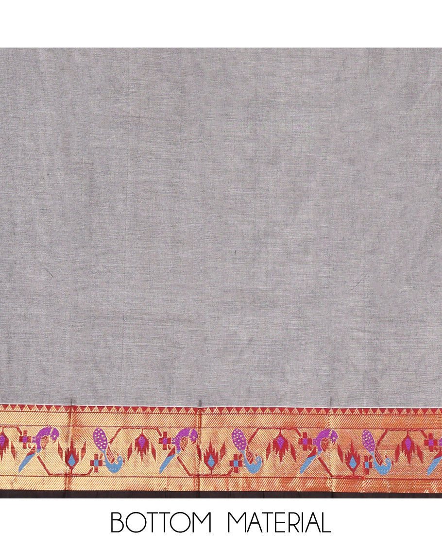 Grey Mercerised Cotton Material Chudidar Features Plain Top, Contrast Paithani Zari Border, a Plain Bottom and a Matching Dupatta