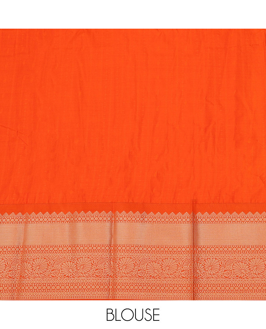 Green Art Silk Pavadai Material Set, Detailed with Zari Designs All Over Its Skirt, Highlighted with a Contrast Traditional Zari Design Border, and Paired with a Contrast Blouse