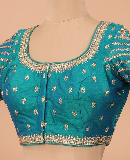 Peacock blue intricately thread embroidered front-back round neck elbow sleeve blouse