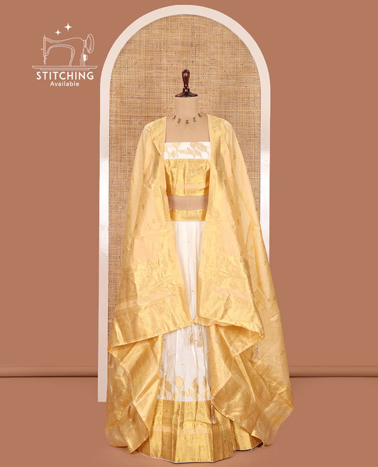 Cream Banarasi Silk Half-Saree, Adorned with Zari Buttas Skirt, Contrast Traditional Border, Matching Blouse, Contrast Zari Design Dhavani