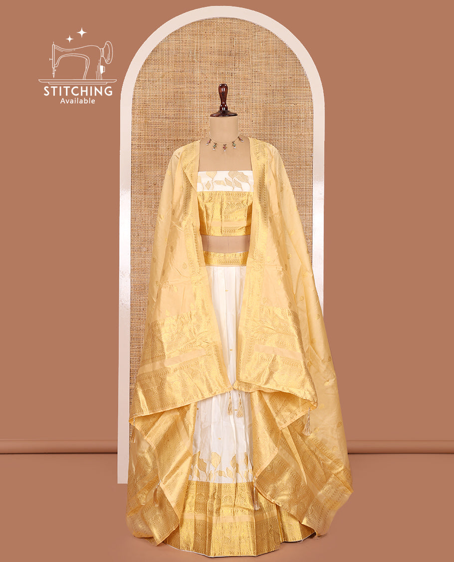Cream Banarasi Silk Half-Saree, Adorned with Zari Buttas Skirt, Contrast Traditional Border, Matching Blouse, Contrast Zari Design Dhavani