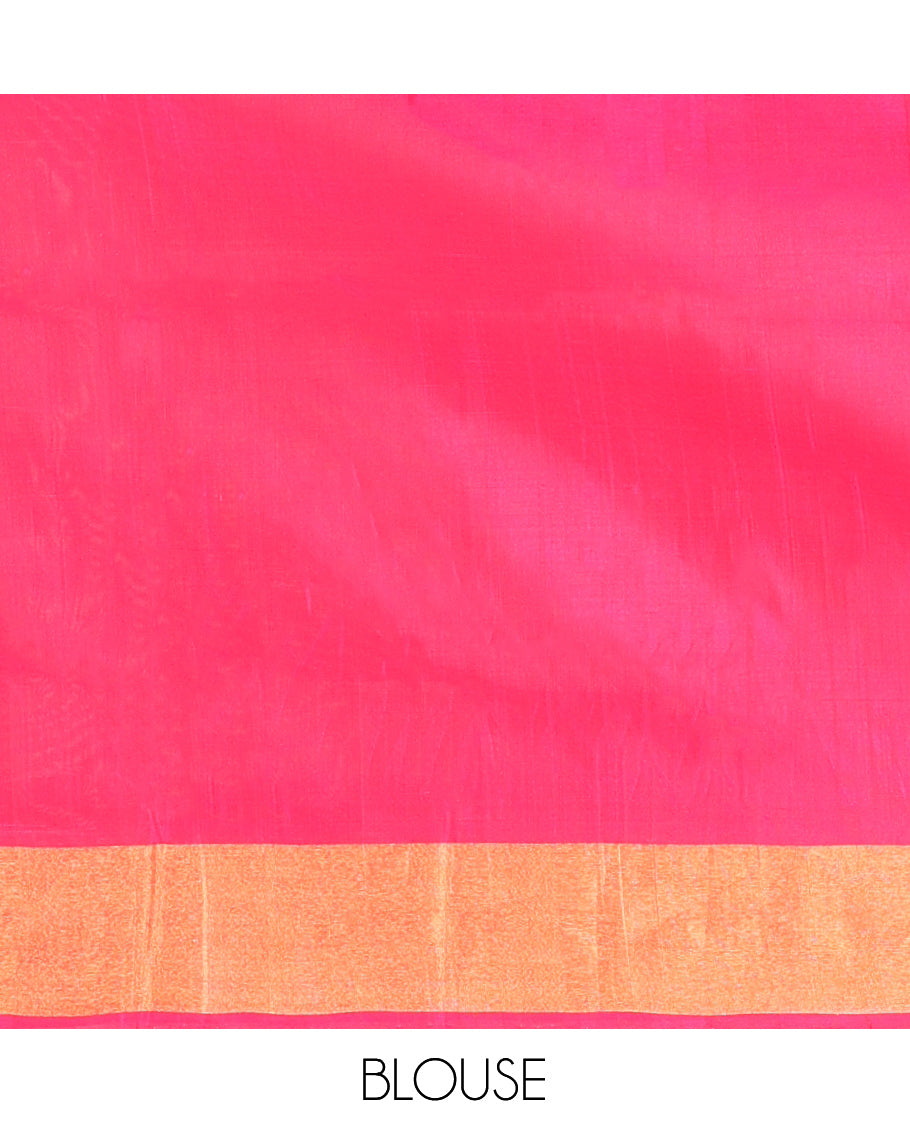 Mustard Uppada Silk Saree, Embellished with Buttas, a Contrast Temple and Gopuram Border, Pallu of Temple and Floral Designs, and a Contrast Blouse