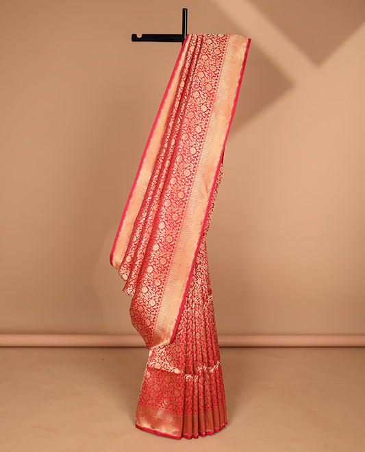 Red floral jacquard banaras silk saree with self zari design border & intricate zari design pallu