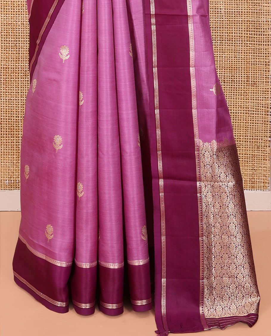 Pink Satin Silk Saree, Beautified with Floral Buttas All Over Its Body, Complemented by a Contrast Rettai Pettu Traditional Zari Border, Beautifully Zari Bedecked Pallu, and Paired with a Contrast Blouse