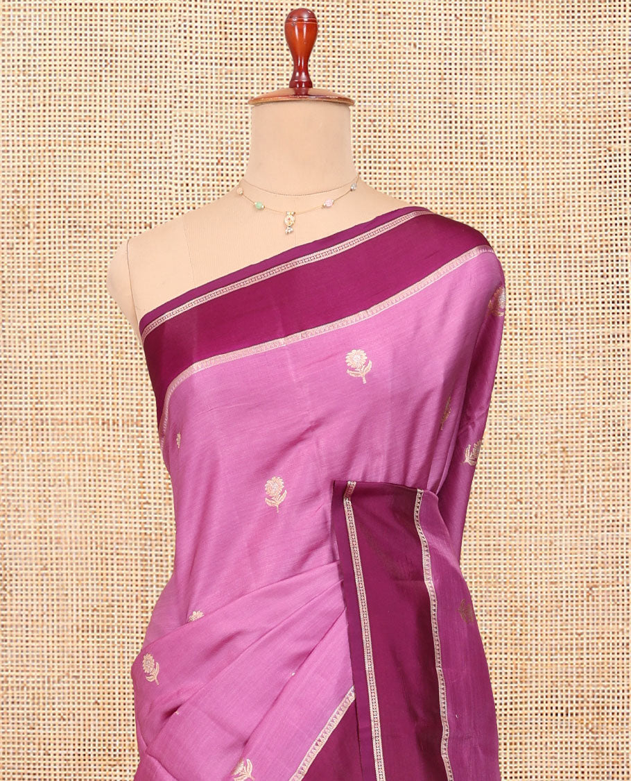 Pink Satin Silk Saree, Beautified with Floral Buttas All Over Its Body, Complemented by a Contrast Rettai Pettu Traditional Zari Border, Beautifully Zari Bedecked Pallu, and Paired with a Contrast Blouse