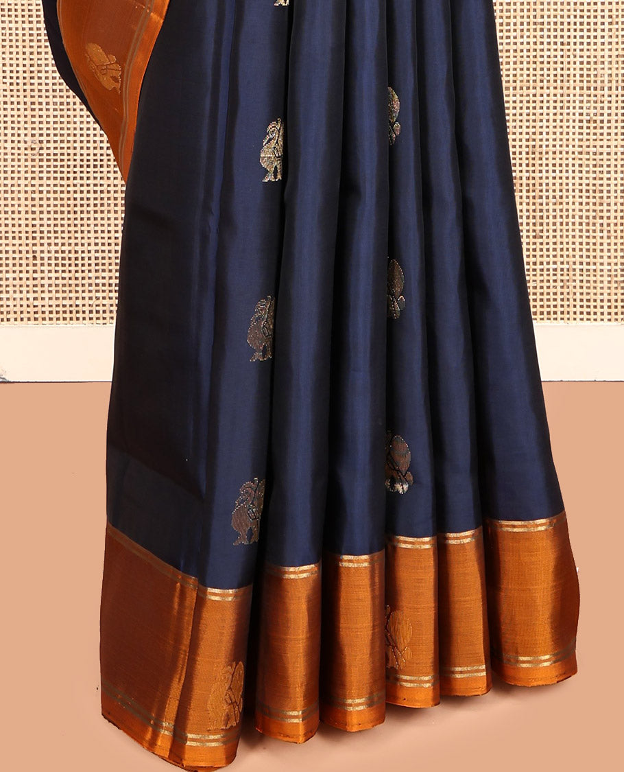 Blue Mayuri Lite Silk Mix Saree, Ornamented with Peacock Buttas, Complemented by a Contrast Peacock Border, Pallu of Vine Designs, and a Contrast Blouse