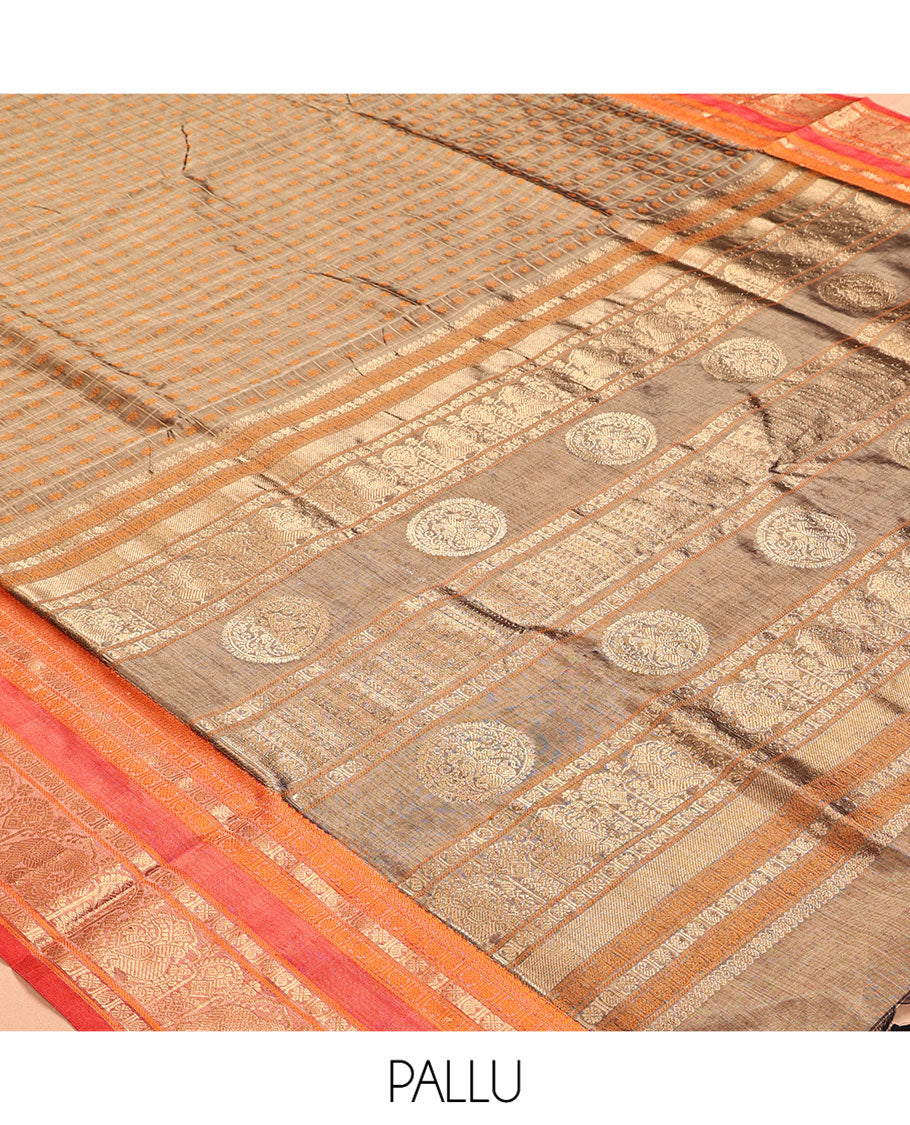 Brown Kuppadam Silk Saree, Finely Crafted with Butta Enclosed Checks, a Contrast Traditional Peacock-Elephant Border, Pallu of Peacock Designs, and a Matching Blouse