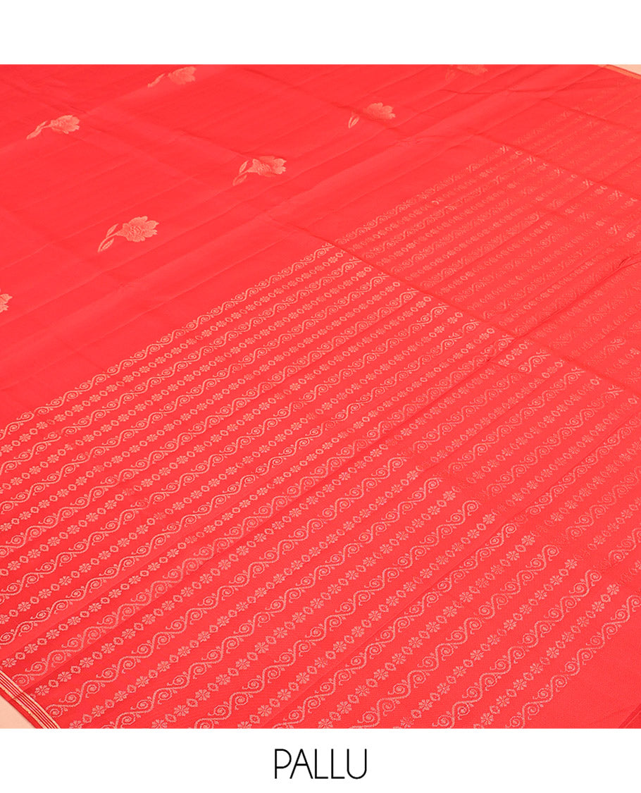 Borderless Red Mayuri Soft Silk Saree, Woven with Floral Buttas All Over the Body, Highlighted by Piping Border, Pallu Steeped with Floral Creeper Designs, and Paired with a Matching Blouse