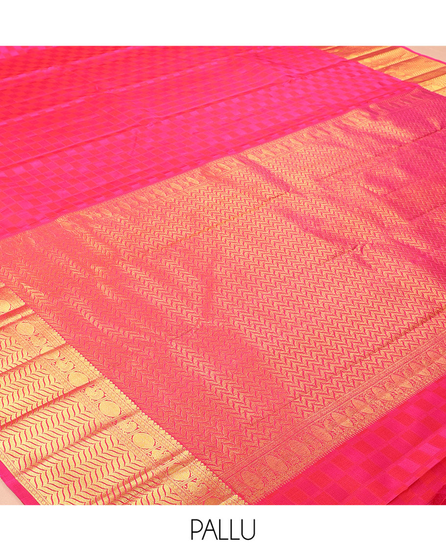 Pink Embossed Parampara Silk Saree, a Zari Border of Mayil, Mayil, and Vanki Designs, Vanki Pallu, and a Matching Blouse