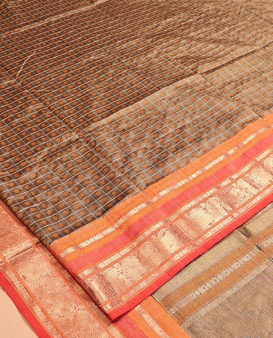 Brown Kuppadam Silk Saree, Finely Crafted with Butta Enclosed Checks, a Contrast Traditional Peacock-Elephant Border, Pallu of Peacock Designs, and a Matching Blouse