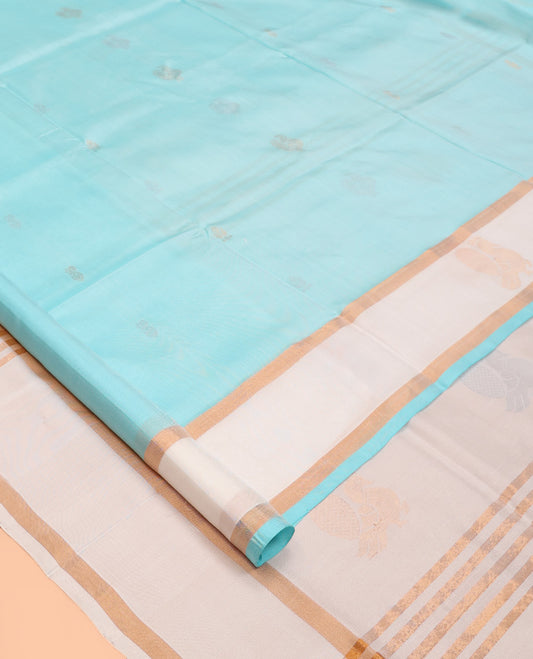 Blue Uppada Silk Saree, Subtly Sparkled with Zari Buttas, Complemented By Contrast Peacock Zari Border, Pallu of Paisley and Peacock Buttas, and a Contrast Blouse