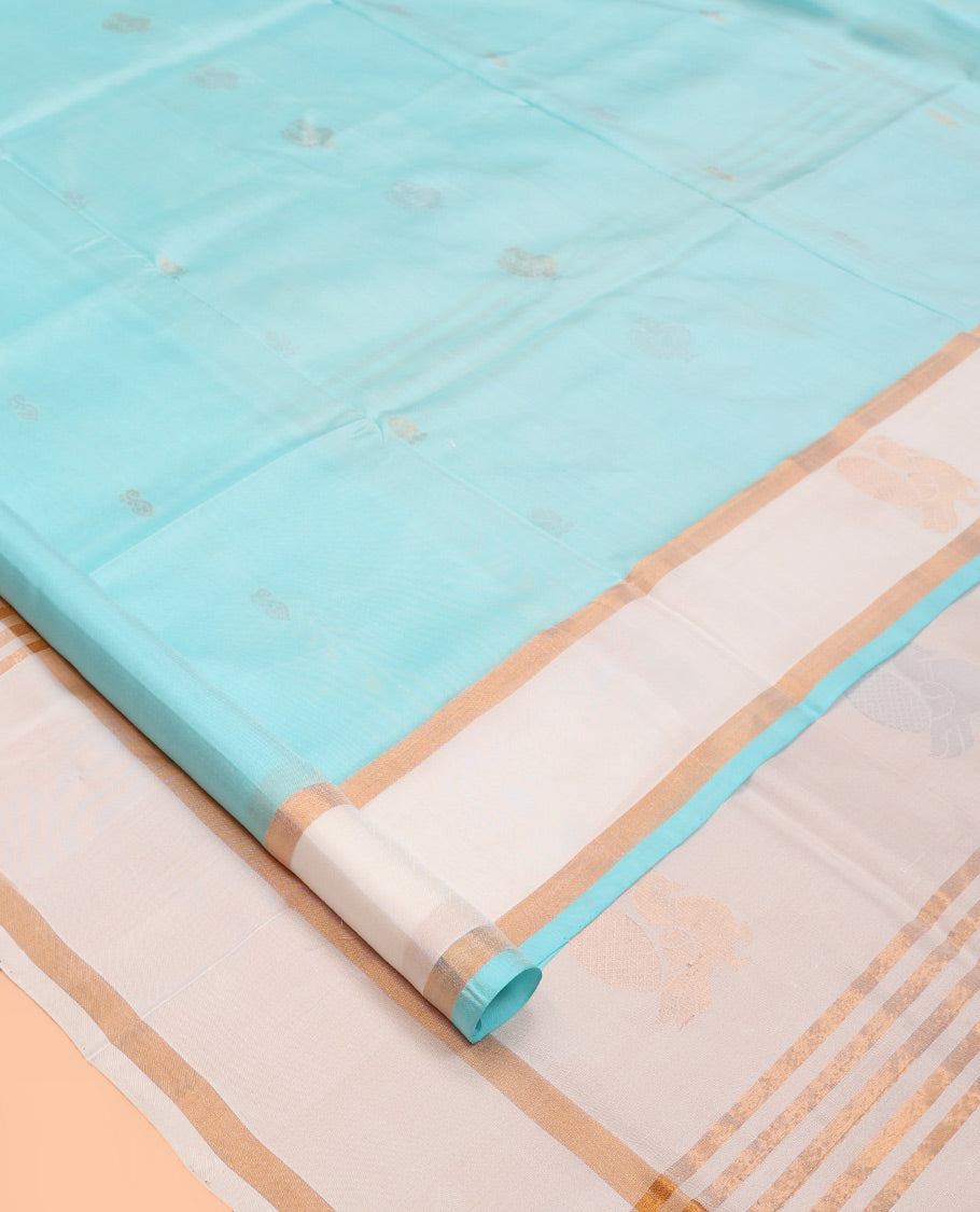 Blue Uppada Silk Saree, Subtly Sparkled with Zari Buttas, Complemented By Contrast Peacock Zari Border, Pallu of Paisley and Peacock Buttas, and a Contrast Blouse