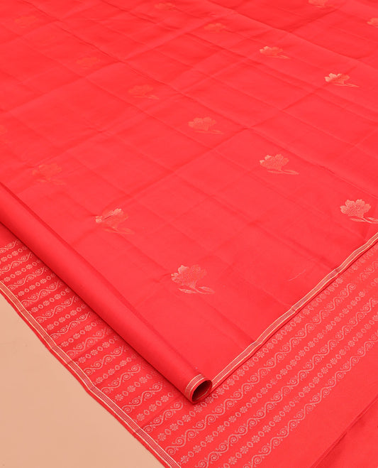 Borderless Red Mayuri Soft Silk Saree, Woven with Floral Buttas All Over the Body, Highlighted by Piping Border, Pallu Steeped with Floral Creeper Designs, and Paired with a Matching Blouse