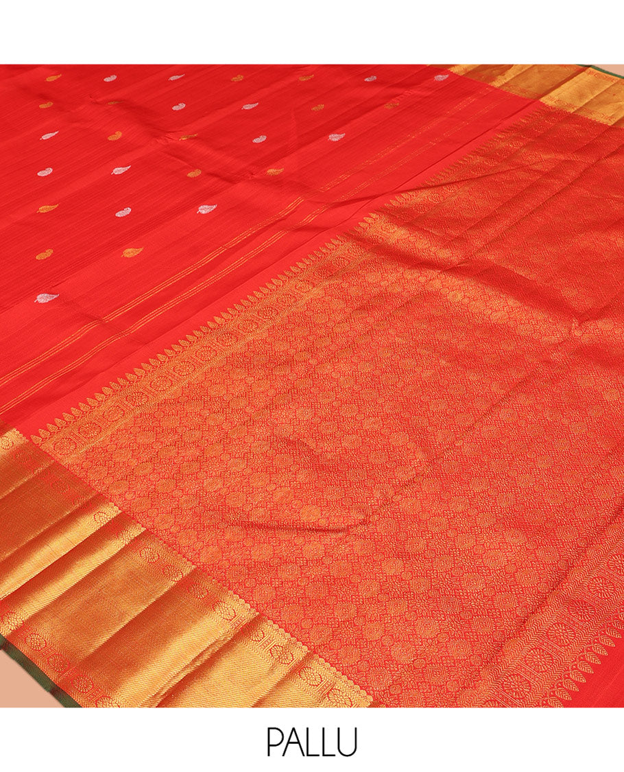 Red Parampara Silk Saree, Embellished with Zari Buttas, a Zari Border of Thilakam Mokku, Muthu, Kathir, and Chakram Designs, Intricate Pallu, and a Matching Blouse